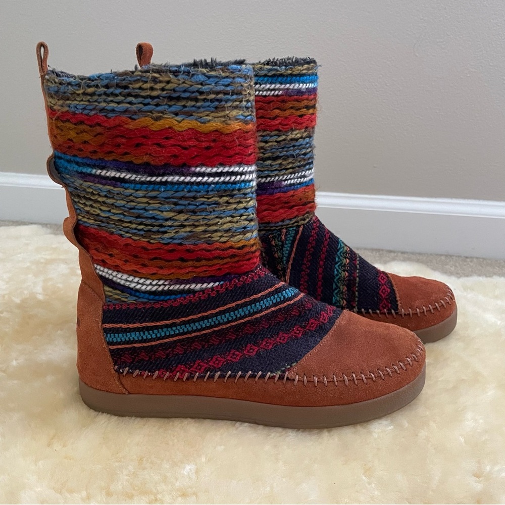 TOMS Nepal Colorful Knit Women's Mid Calf Leather Boots size 8